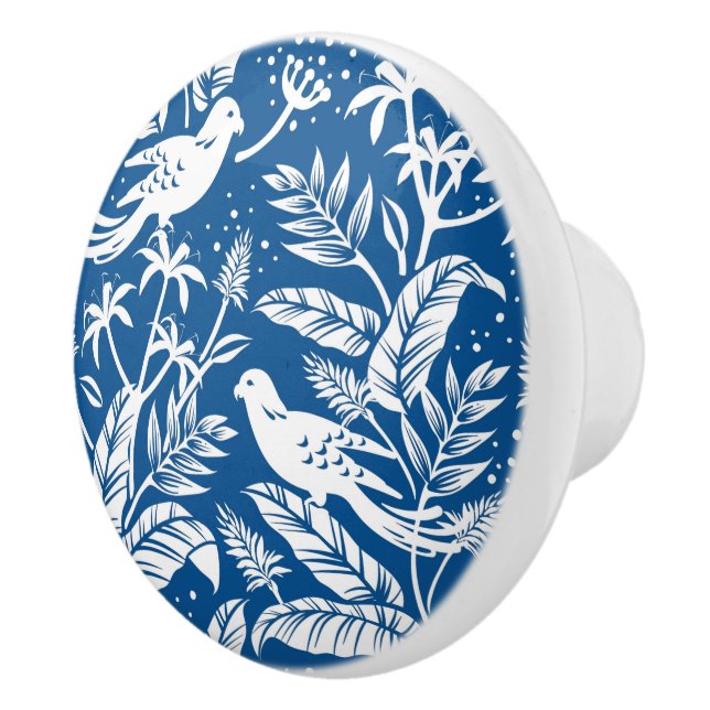Antique Chinoiserie Bird Floral Blue & White Ceramic Knob (Right)