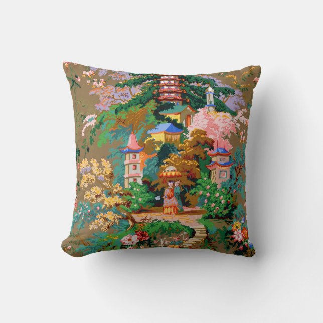 Antique Chinoiserie Design Pagoda Pillow (Front)