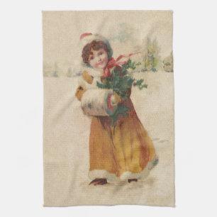 Antique Christmas Girl Winter Child Kitchen Towel