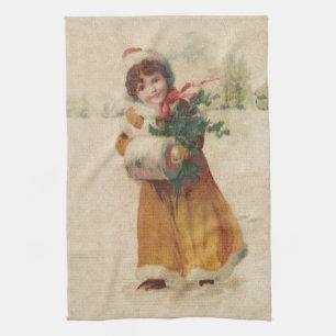 Antique Christmas Girl Winter Child Kitchen Towel