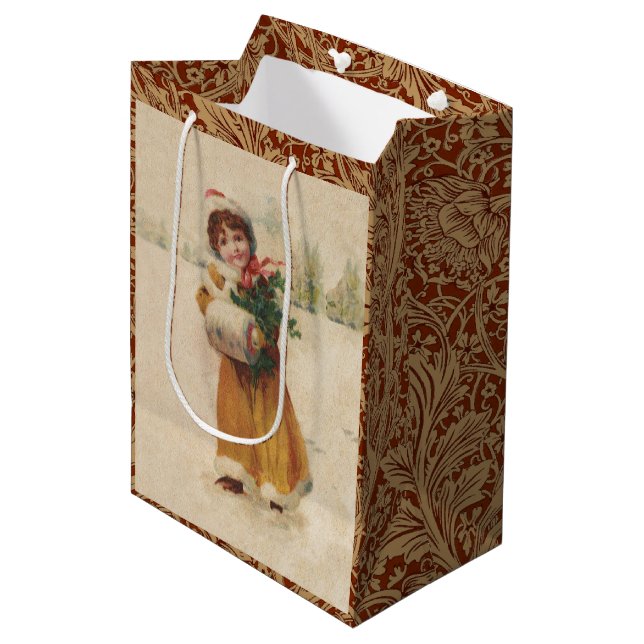 Antique Christmas Girl Winter Child Medium Gift Bag (Front Angled)
