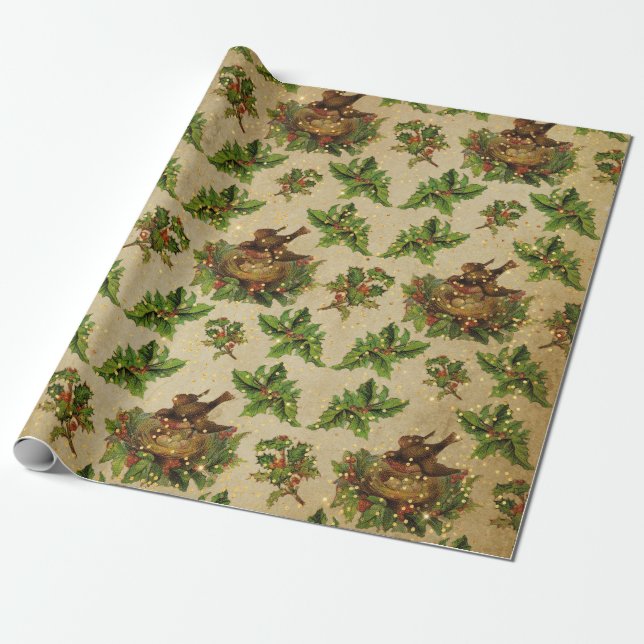 Antique Christmas Green Bird's Nest Wrapping Paper (Unrolled)
