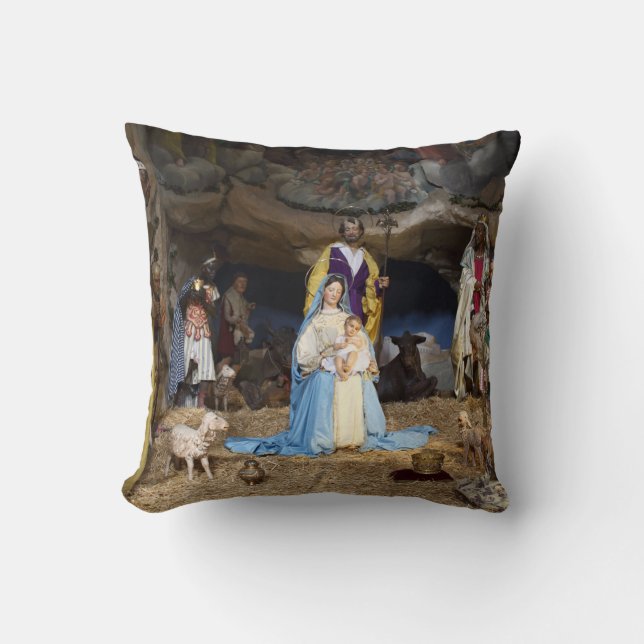Antique Christmas Nativity Scene Throw Pillow (Front)