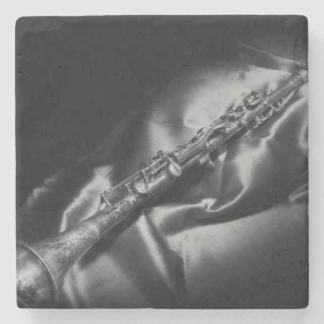 Antique clarinet still life, B&W Stone Coaster (Front)