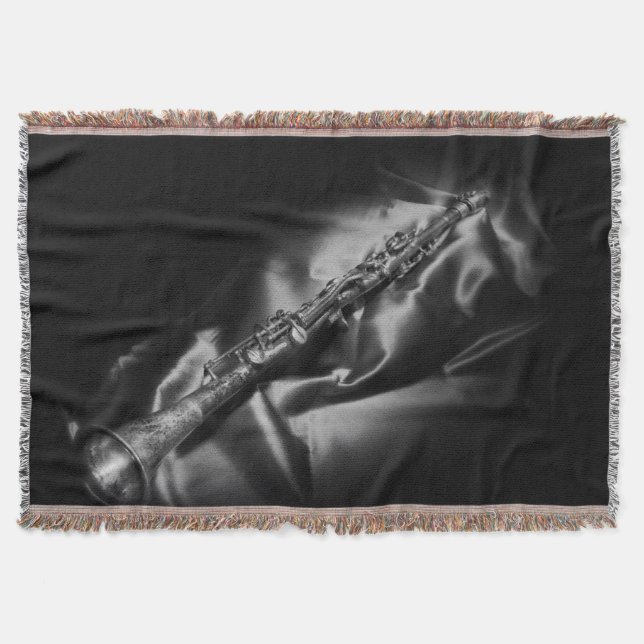 Antique clarinet still life, B&W Throw Blanket (Front)