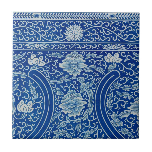 Antique Classic Chinese Floral Cobalt Blue Pattern Tile (Front)