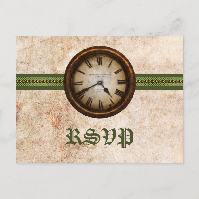 Antique Clock RSVP Postcard, Green Invitation Postcard (Front)
