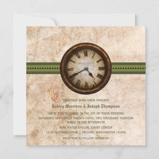 Antique Clock Wedding Invitation, Green Invitation (Front)