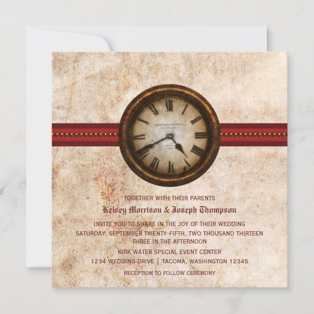 Antique Clock Wedding Invitation, Red Invitation (Front)