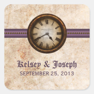 Antique Clock Wedding Stickers, Purple Square Sticker