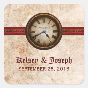 Antique Clock Wedding Stickers, Red Square Sticker