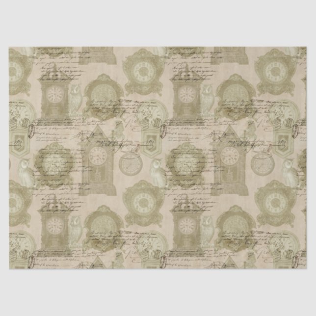 Antique Clocks and Owls Decoupage Tissue Paper (Front)