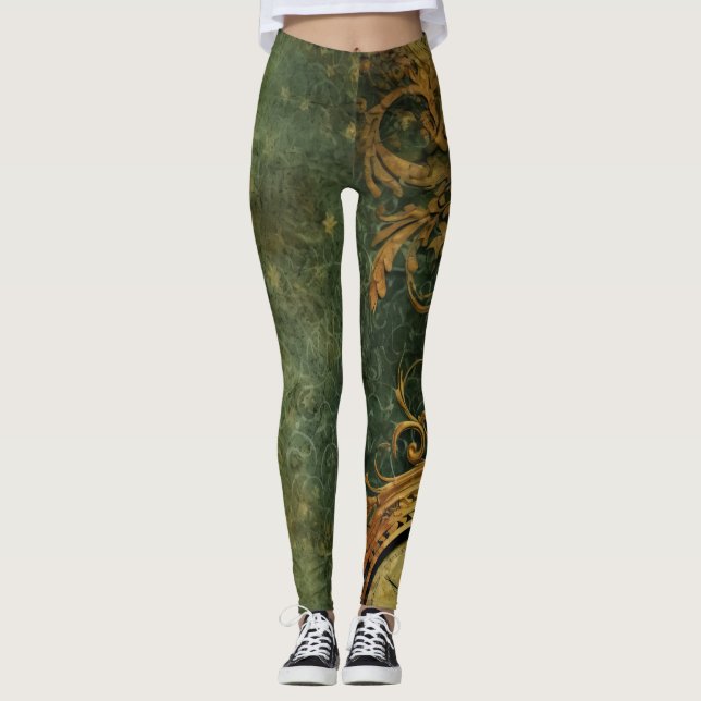 Antique Clockwork Emerald Green Steampunk Leggings (Front)
