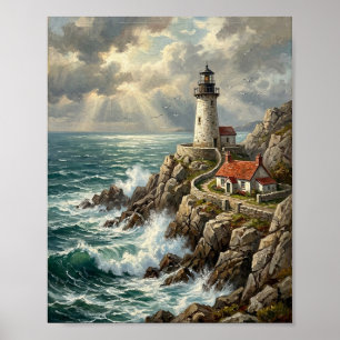 Antique Coastal Lighthouse Crashing Waves S Poster