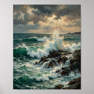 Antique Coastal Lighthouse Crashing Waves S Poster