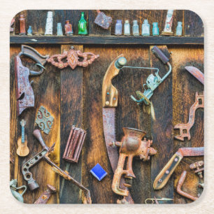 Antique collection on wall square paper coaster