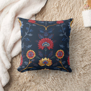 Antique Colourful Indian Floral Motif Pattern Throw Pillow
