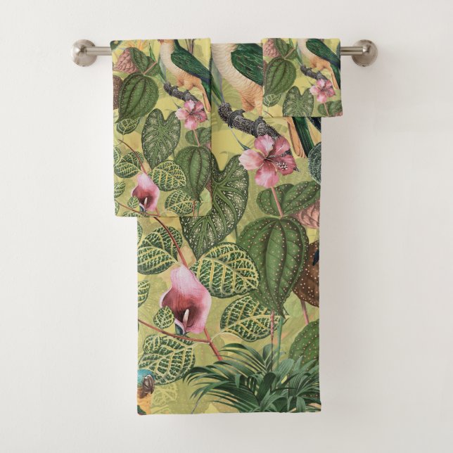 Antique Colourful Parrots Tropical Jungle Pattern Bath Towel Set (Insitu)
