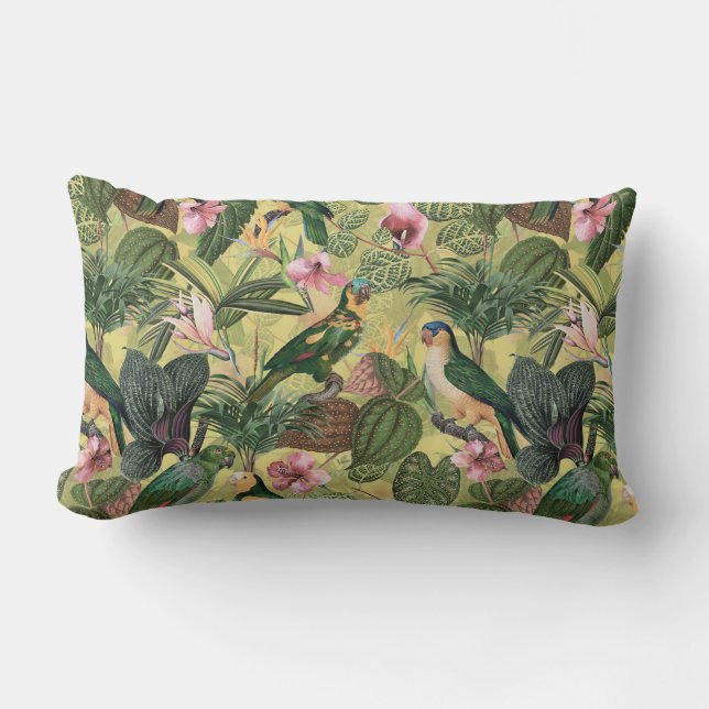 Antique Colourful Parrots Tropical Jungle Pattern Lumbar Pillow (Front)