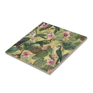 Antique Colourful Parrots Tropical Jungle Pattern Tile
