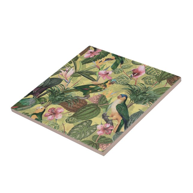 Antique Colourful Parrots Tropical Jungle Pattern Tile (Side)