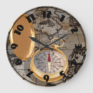 Antique Compass On A Map Clock