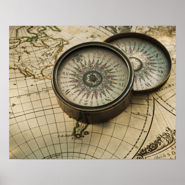 Antique compass on map poster (Front)