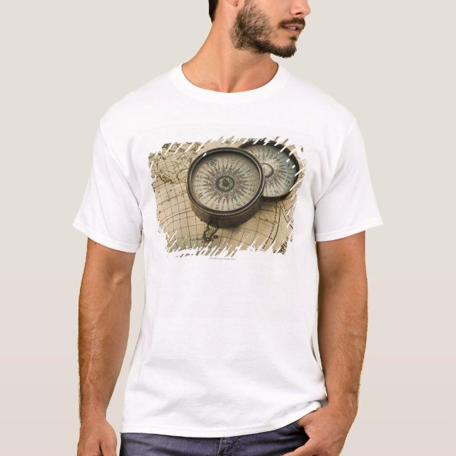 Antique compass on map T-Shirt (Front)