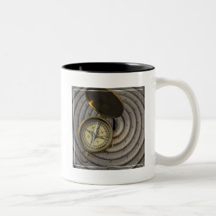Antique Compass On Sailboat Deck Two-Tone Coffee Mug
