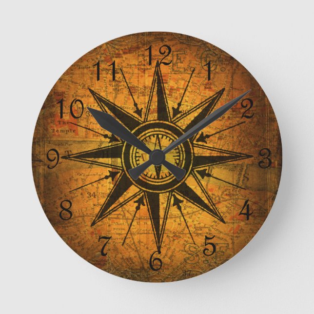 Antique Compass Rose Round Clock (Front)