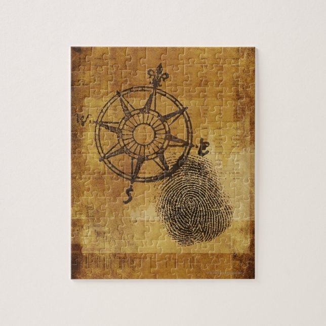 Antique compass rose with fingerprint jigsaw puzzle (Vertical)