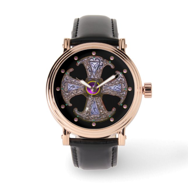 ANTIQUE CONSECRATION CROSS Pink Purple Gemstones Watch (Front)