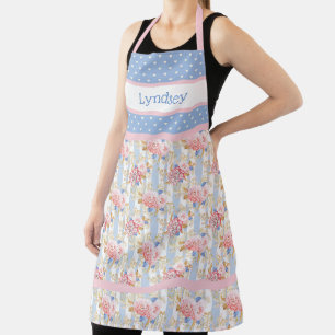 Antique Cottage Roses Blue and White Hearts Apron