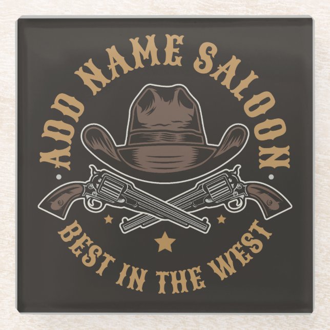 Antique Cowboy Guns ADD NAME Old Wild West Saloon  Glass Coaster (Front)