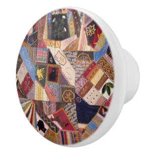 Antique Crazy Quilt Pattern - Folk Art Heirloom Ceramic Knob