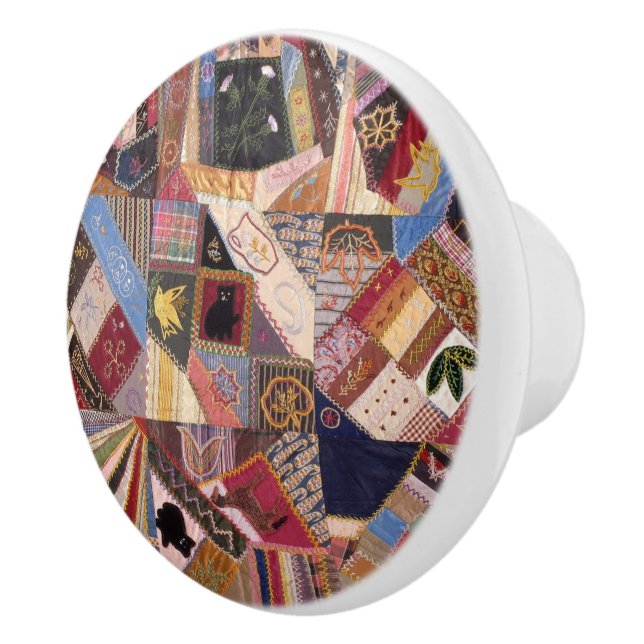 Antique Crazy Quilt Pattern - Folk Art Heirloom Ceramic Knob (Right)