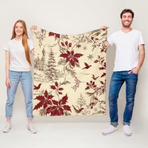 Antique Cream Burgundy Winter Birds Holly Floral Fleece Blanket
