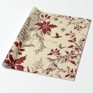 Antique Cream Burgundy Winter Birds Holly Floral Wrapping Paper