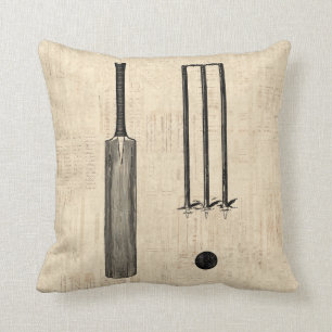 Antique Cricket Bat Vintage Illustrated Art Throw Pillow