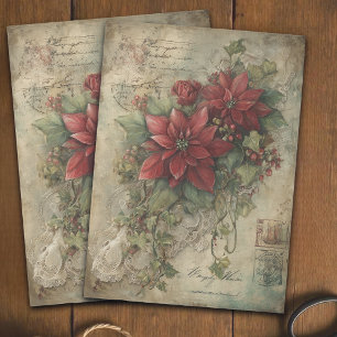 Antique Crimson Red Poinsettia and Ivy Decoupage Tissue Paper
