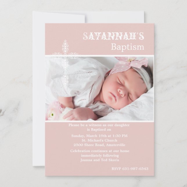 Antique Cross Blush Photo Religious Invitation (Front)