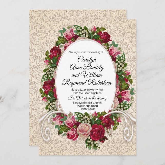 Antique Damask and Roses Wedding Invitation (Front/Back)