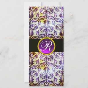 ANTIQUE DAMASK MONOGRAM,black purple, white Invitation