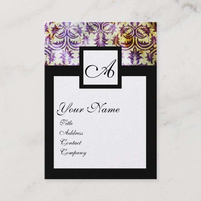 ANTIQUE DAMASK SQUARE MONOGRAM,purple black pearl Business Card (Front)
