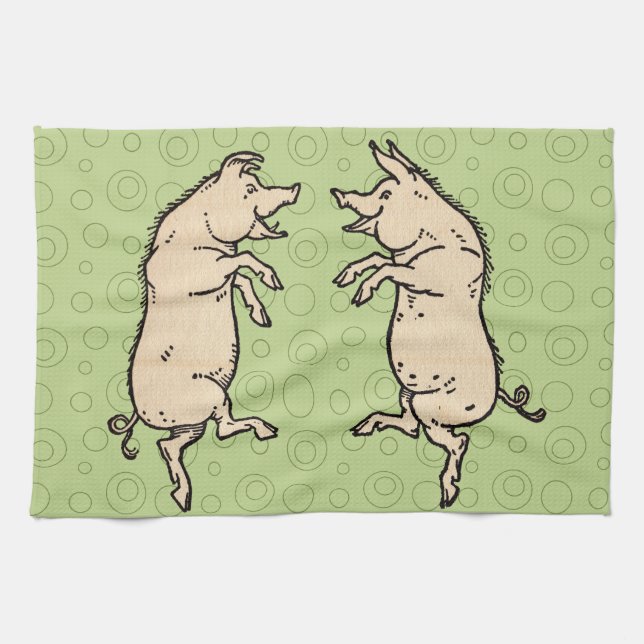 Antique Dancing Pigs: Whimsical Vintage Piggy Jig  Kitchen Towel (Horizontal)