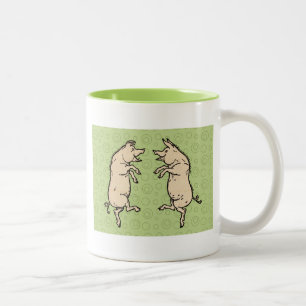 Antique Dancing Pigs: Whimsical Vintage Piggy Jig  Two-Tone Coffee Mug