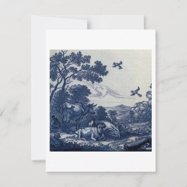 Antique Delft Blue Tile - Cattle and Birds Invitation (Front)