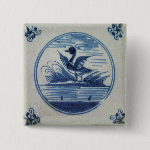 Antique Delft Blue Tile - Duck in the Water 2 Inch Square Button