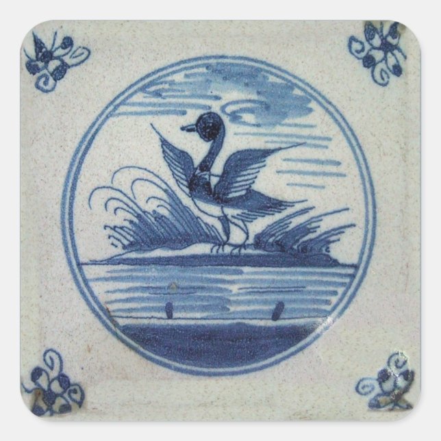 Antique Delft Blue Tile - Duck in the Water Square Sticker (Front)