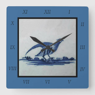 Antique Delft Blue Tile - Grouse in the Grass Square Wall Clock
